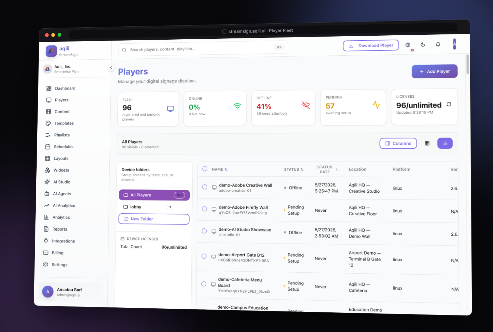 Player fleet monitoring and health across thousands of screens in Aqili StreamSign