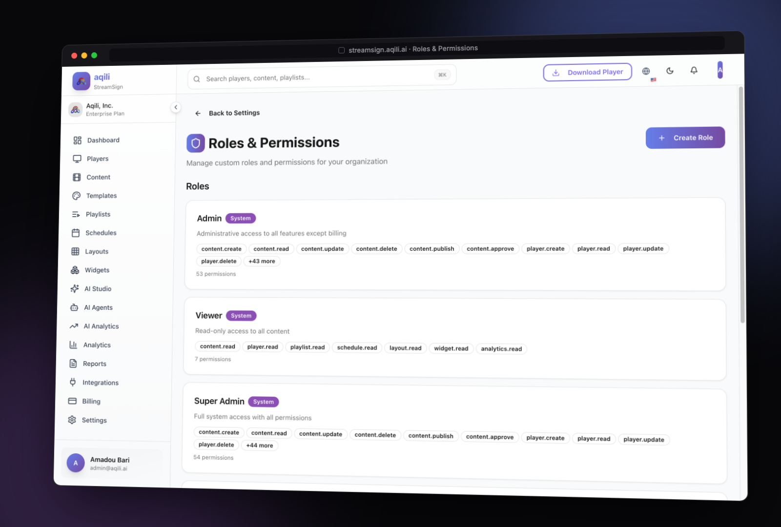 Role-based access control and granular permissions in Aqili StreamSign